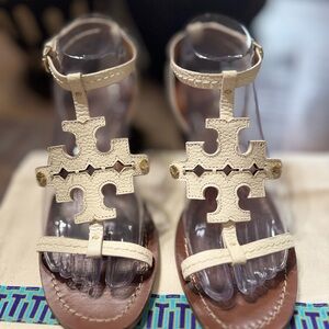 EUC TORY BURCH CHANDLER TUMBLED LEATHER BLOCK BLACK HEEL SANDAL SZ 8